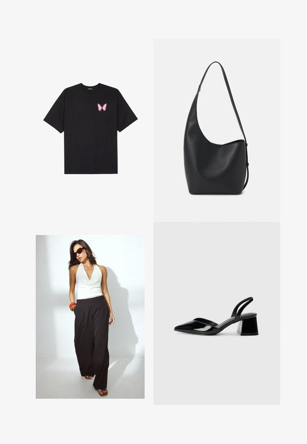 Svart bomullströja med korta ärmar, med en liten rosa fjärilsgrafik på vänster bröst. Rundad halsdesign med en avslappnad passform.; Vit halterneck-topp med draperad urringning, i kombination med svarta vida byxor. Accessoarer inkluderar röda och genomskinliga armband; stora svarta solglasögon.; Svarta lackläder slingback klackar med spetsig tå och geometrisk klack. Har en elegant, minimalistisk design och slät yta.; Svart läder hobo-väska med en slät textur, kurvig form och en justerbar axelrem; har en bred öppning upptill.