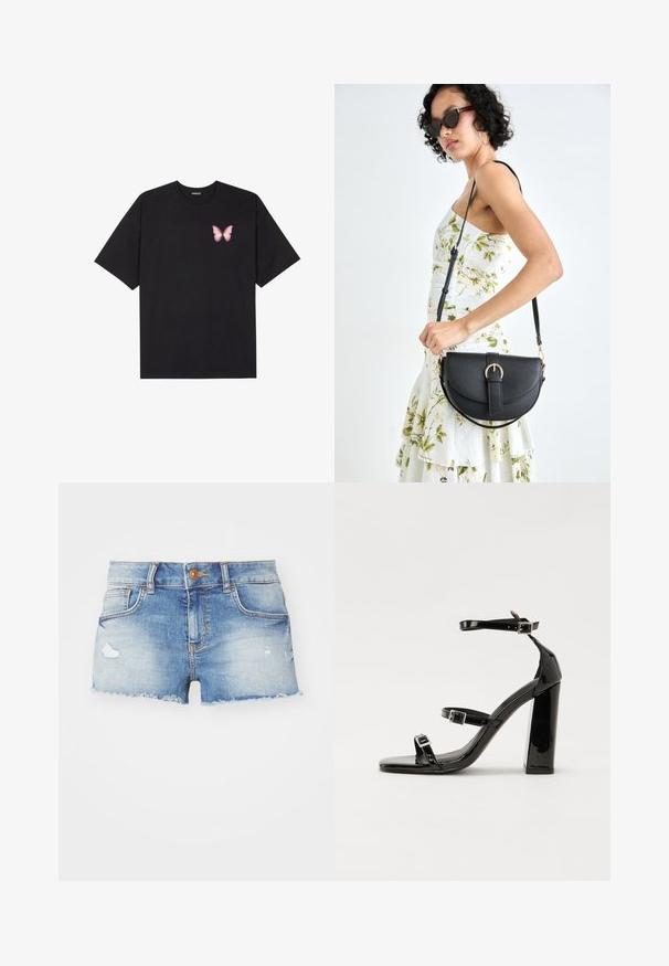 Svart bomulls T-skjorte med korte ermer, med en liten rosa sommerfugl grafikk på venstre bryst. Crew-neck design med en avslappet passform.; Denimshorts i lys blå med en slitt finish, frynset kant, femlom design og en enkelt knappelukking foran.; Svart høyglans sandaler med hæl, firkantet tå, ankelremmer og sølvspenner. Har en kraftig blokkhæl for stabilitet.; Svart lærveske med en buet form, avtagbar stropp og gullbeslag. Vesken har et klaff med spenne-detall.