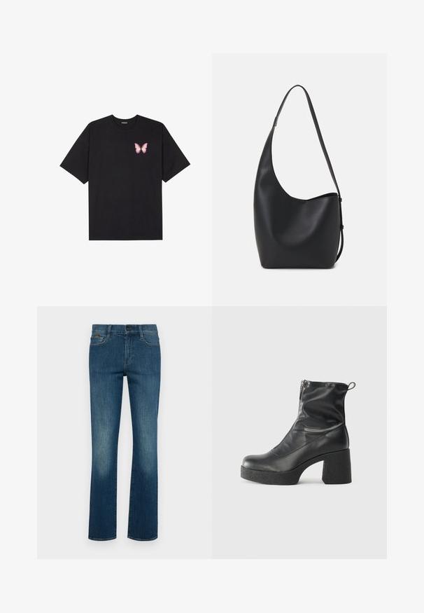 Čierne bavlnené tričko s krátkymi rukávmi, s malým ružovým motýlikom na ľavej hrudi. Design s okrúhlym výstrihom a uvoľneným strihom.; Modré džínsy s rovnom strihom. Medzi vlastnosti patrí zapínanie na gombík, predné vrecká a jemný vyblednutý vzor pri kolenách.; Čierne členkové topánky z hladkej kože, so bočným zipsom, robustnou textúrovanou pätnou časťou a zaobleným dizajnom špičky.; Čierna kožená hobo taška so hladkou textúrou, zakriveným tvarom a jedným nastaviteľným popruhom; má široké otvorenie na vrchu.
