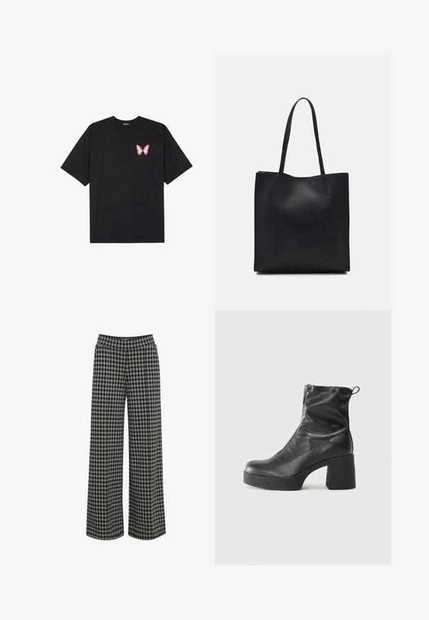 Black cotton t-shirt with short sleeves, featuring a small pink butterfly graphic on the left chest. Crew neck design with a relaxed fit.; ICHI IHKATE - Trousers - vetiver; Black ankle boots made of smooth leather, featuring a side zipper, chunky textured heel, and rounded toe design.; Black leather tote bag with smooth texture, rectangular shape, and two long handles. No visible hardware or embellishments.