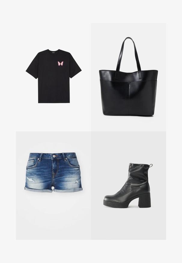 Melna kokvilnas T-krekls ar īsām piedurknēm, kuram priekšā kreisajā pusē ir neliels rozā tauriņa grafiskais attēls. Ar apaļu kaklu un brīvā stila piegriezumu.; Izbalēti zili džinsu šorti ar nolietotu tekstūru. Iekļauj priekšējās kabatas, sarullētus apakšmalu un pogu aizdari viduklī.; Melni potītes zābaki, kas izgatavoti no gludas ādas, ar sānu rāvējslēdzēju, masīvu strukturētu papēdi un noapaļotu purngalu.; Melnas ādas iepirkumu soma ar divām garām rokturām, gludu tekstūru un strukturētu formu. Iekļauj priekšējo kabatu papildu uzglabāšanai.