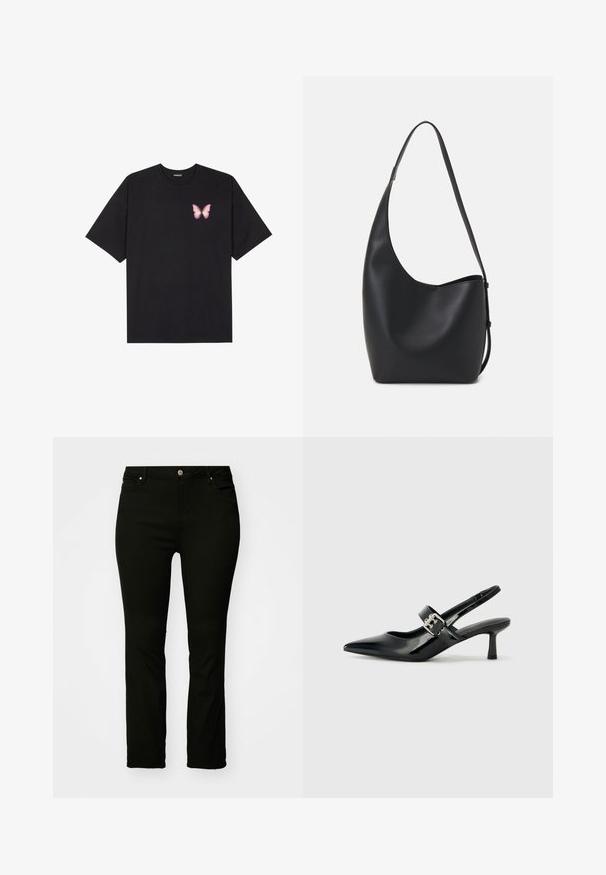 Black cotton t-shirt with short sleeves, featuring a small pink butterfly graphic on the left chest. Crew neck design with a relaxed fit.; Black denim jeans featuring a straight cut, five-pocket design, metal button, and subtle stitching details. Smooth texture, versatile style.; Black patent leather slingback heels with a pointed toe and a small block heel, featuring a silver buckle accent on the strap.; Black leather hobo bag with a smooth texture, curved shape, and single adjustable strap; features a wide opening at the top.