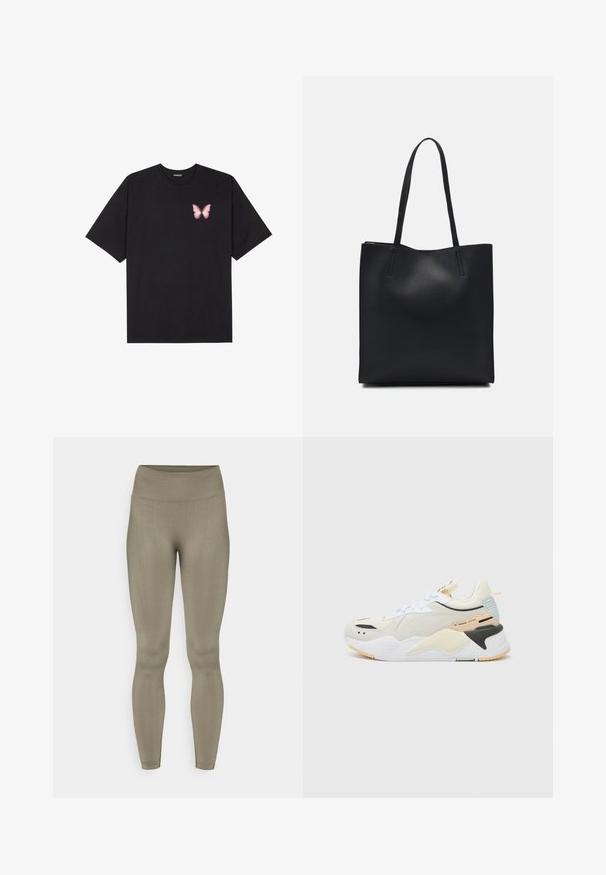 Sort bomulds T-shirt med korte ærmer, prydet med en lille pink sommerfugl grafik på venstre bryst. Rund hals design med en afslappet pasform.; Strækleggings i en afdæmpet olivengrøn. Høj talje, glat tekstur, tætsiddende design og sømløs konstruktion.; Hvid sportsko med en kombination af teksturerede materialer. Har lysegule accenter, sorte detaljer og en lyseblå hæltab.; Sort læder tote taske med glat tekstur, rektangulær form og to lange hanke. Ingen synlig hardware eller udsmykninger.