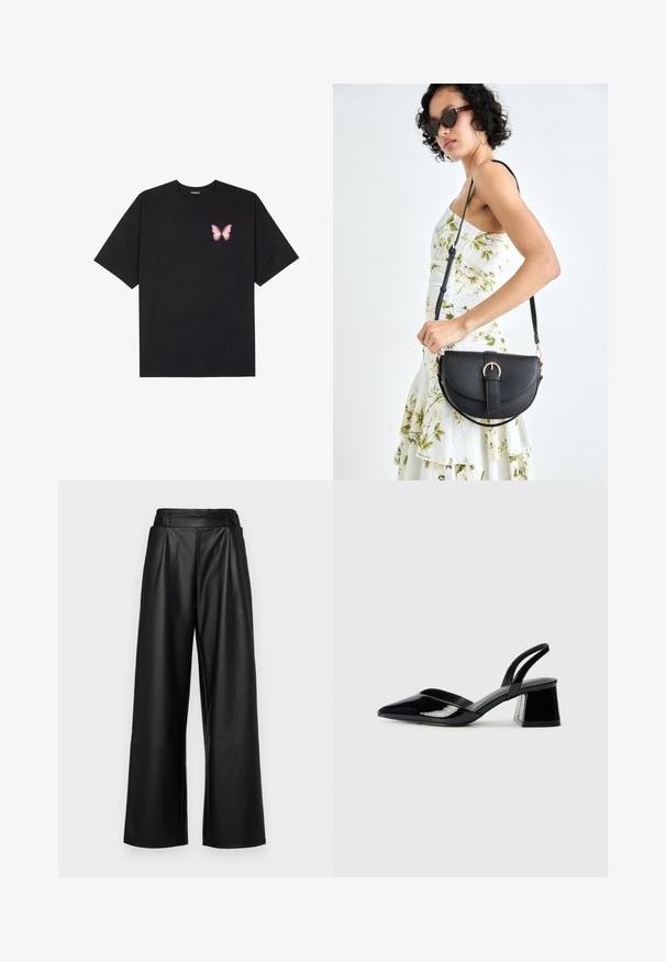 Black cotton t-shirt with short sleeves, featuring a small pink butterfly graphic on the left chest. Crew neck design with a relaxed fit.; Black, wide-leg trousers made from leather, featuring a high waist, pleats, and two circular buttons on the front for closure.; Black patent leather slingback heels with a pointed toe and a geometric block heel. Features a sleek, minimal design and smooth texture.; Black leather handbag with a curved shape, detachable strap, and gold hardware. The bag features a flap with a buckle detail.