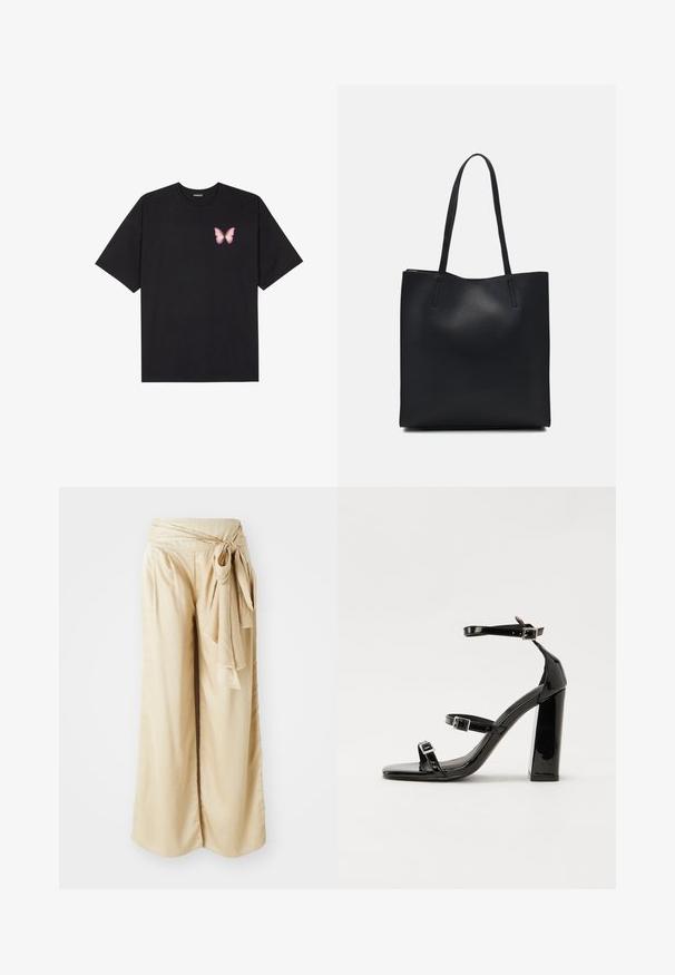 Black cotton t-shirt with short sleeves, featuring a small pink butterfly graphic on the left chest. Crew neck design with a relaxed fit.; Wide-leg trousers in soft beige fabric, featuring a wrapped waistband with a tie detail. Smooth texture with a flowy design.; Black patent high-heeled sandals with two buckle straps, square toe, and a chunky block heel, featuring a smooth, glossy texture.; Black leather tote bag with smooth texture, rectangular shape, and two long handles. No visible hardware or embellishments.