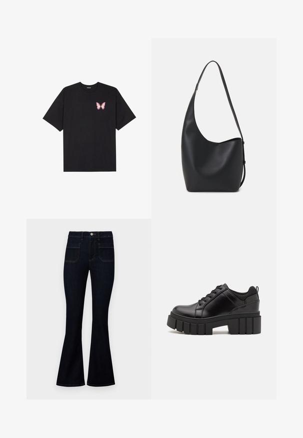 Fekete pamut póló rövid ujjakkal, bal mellkason egy kis rózsaszín pillangó grafikával. Kerek nyakú kialakítás, laza fazonnal.; Sötétkék, bővülő szárú farmerek magas derékkal, denim anyagból, két hátsó zsebből és kontrasztos varrással a varratok mentén.; Fekete bőr platform cipők vaskos blokk sarkakkal, kerek orral és hagyományos fűzős kialakítással. Simára csiszolt felület és minimális részletezés jellemzi.; Fekete bőr hobo táska sima textúrával, ívelt formával és egyetlen állítható pánttal; széles nyílás található a tetején.