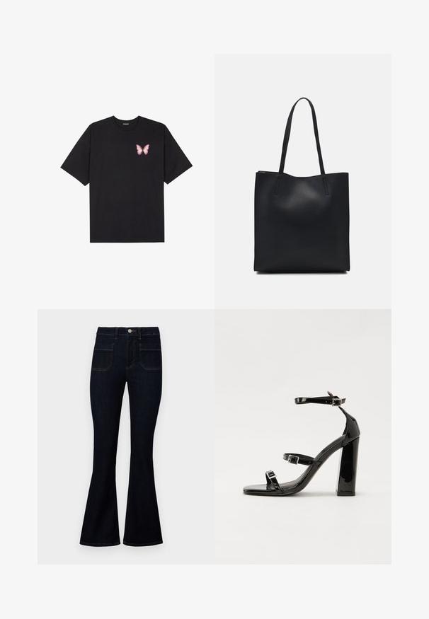 Black cotton t-shirt with short sleeves, featuring a small pink butterfly graphic on the left chest. Crew neck design with a relaxed fit.; Dark blue flared jeans with a high waistband, made of denim, featuring two back pockets and contrast stitching along the seams.; Black patent high-heeled sandals with two buckle straps, square toe, and a chunky block heel, featuring a smooth, glossy texture.; Black leather tote bag with smooth texture, rectangular shape, and two long handles. No visible hardware or embellishments.
