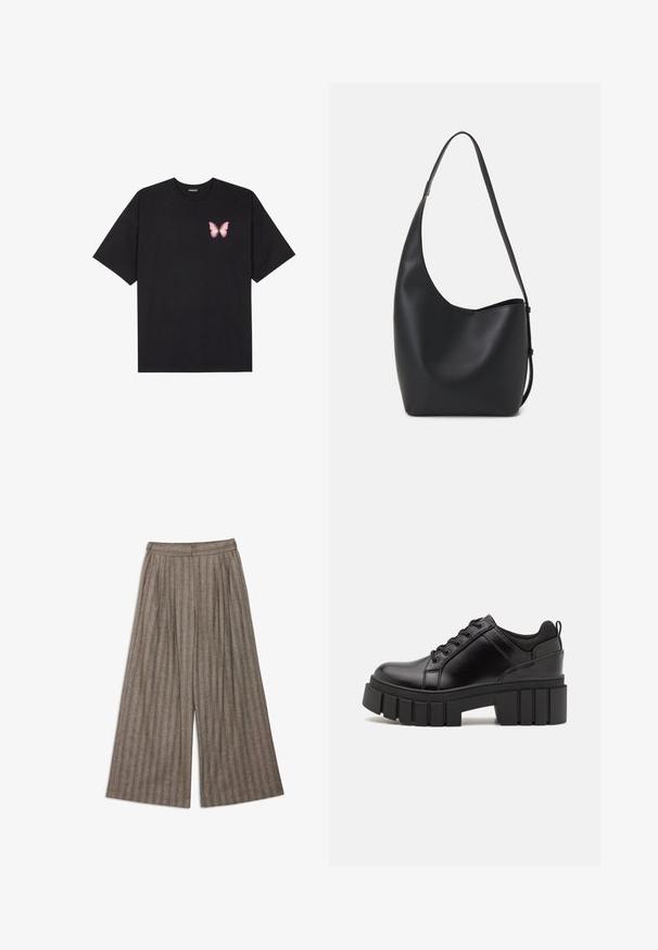 Musta puuvillapaita lyhyillä hihoilla, jossa on pieni vaaleanpunainen perhosgrafiikka vasemmassa rinnassa. Pyöreä kaula-aukko ja rento istuvuus.; Ruskeat ruudulliset leveälahkeiset housut, joissa on korkea vyötärö. Housuissa on pystysuoria viivoja, poimutuksia ja tekstuuri villasekoitekudosta.; Mustat nahkakengät, joissa on lättihenkinen korko, pyöreä kärki ja perinteinen nauhakiinnitys. Ominaisuuksiin kuuluu sileä pintakuvio ja minimaalinen yksityiskohtaisuus.; Musta nahkainen hobo-laukku, jossa on sileä pinta, kaareva muoto ja yksi säädettävä olkahihna; sisäänkäynti on leveä ylhäältä.