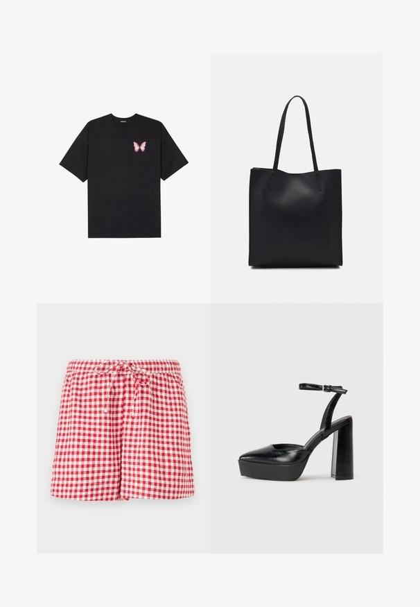 Black cotton t-shirt with short sleeves, featuring a small pink butterfly graphic on the left chest. Crew neck design with a relaxed fit.; Red and white gingham shorts with an elastic waistband and drawstring. Features a relaxed fit and hemmed edges. Fabric appears lightweight.; Black platform heels with a pointed toe and adjustable ankle strap. Constructed from smooth leather, featuring a chunky block heel.; Black leather tote bag with smooth texture, rectangular shape, and two long handles. No visible hardware or embellishments.