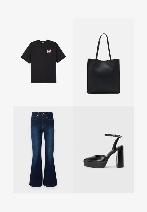 Svart bomulls T-skjorte med korte ermer, med en liten rosa sommerfugl grafikk på venstre bryst. Crew-neck design med en avslappet passform.; U-formede mørkeblå jeans med høj talje, lavet af denim. Har kobberfarvet beslag og klassisk femlommesdesign. Glat tekstur.; Sorte plattformhelter med spiss tå og justerbar ankelrem. Laget av glatt lær, med en robust blokkhel.; Svart lær tote bag med glatt tekstur, rektangulær form og to lange håndtak. Ingen synlige deler eller dekorasjoner.