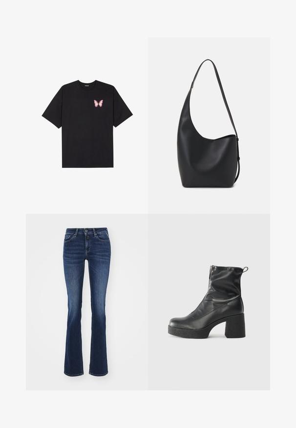 Fekete pamut póló rövid ujjakkal, bal mellkason egy kis rózsaszín pillangó grafikával. Kerek nyakú kialakítás, laza fazonnal.; Sötétkék, kicsúszós farmernadrág, klasszikus öt zsebes kialakítással, elől cipzárral és gombbal záródik. Simább textúrájú és közepesen magas derékú.; Fekete bokacsizmák sima bőrből, oldalsó cipzárral, vastag, texturált sarkú és lekerekített orrú dizájnnal.; Fekete bőr hobo táska sima textúrával, ívelt formával és egyetlen állítható pánttal; széles nyílás található a tetején.