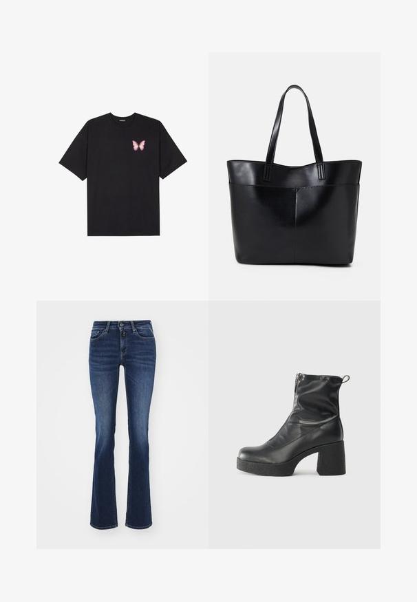 Tricou negru din bumbac cu mâneci scurte, având pe partea stângă a pieptului un mic grafic cu un fluture roz. Design cu guler rotund și croială lejeră.; Jeans evazați de culoare albastru închis, confecționați din denim, cu un design clasic cu cinci buzunare, fermoar pe față și închidere cu nasture. Textură netedă și croială medie.; Bocanci negri de glezna din piele netedă, cu fermoar lateral, toc texturat și masiv, și design cu vârf rotund.; Geantă oversized din piele neagră, cu două mânere lungi, de textură netedă și formă structurată. Are un buzunar frontal pentru stocare suplimentară.
