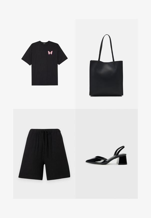T-shirt nera in cotone con maniche corte, caratterizzata da una piccola grafica di una farfalla rosa sul lato sinistro del petto. Design a girocollo con una vestibilità rilassata.; Pantaloni corti neri in lino con vita elasticizzata e coulisse. Taglio dritto, lunghezza fino al ginocchio, tessuto testurizzato, senza motivi o accenti visibili.; Décolleté in vernice nera con punta affusolata e tacco in geometria cubica. Presentano un design elegante e minimalista, con una texture liscia.; Borsa tote in pelle nera con texture liscia, forma rettangolare e due manici lunghi. Nessun hardware o decorazione visibile.