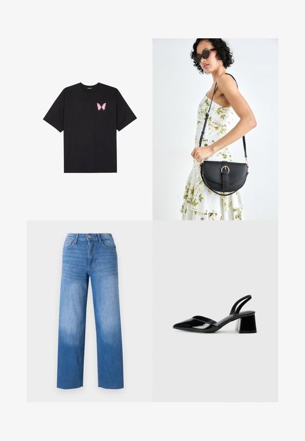 Tricou negru din bumbac cu mâneci scurte, având pe partea stângă a pieptului un mic grafic cu un fluture roz. Design cu guler rotund și croială lejeră.; Jeans din denim de un albastru deschis, cu croială largă, având un styling cu cinci buzunare, fermoar la brâu și ușoară decolorare pe coapse. Marginile finisate curate.; Pantofi cu toc slingback din piele lacuită neagră, cu vârf ascuțit și toc geometric. Prezintă un design elegant, minimalist și o textură netedă.; Geantă din piele neagră, cu o formă curbată, curea detașabilă și accesorii aurii. Geanta are un capac cu un detaliu tip cataramă.