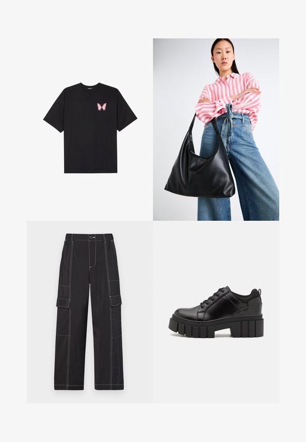 Melna kokvilnas T-krekls ar īsām piedurknēm, kuram priekšā kreisajā pusē ir neliels rozā tauriņa grafiskais attēls. Ar apaļu kaklu un brīvā stila piegriezumu.; GAP DOUBLE CARGO PULL ON - Auduma bikses - black; Melnas ādas platformas kurpes ar masīvu bloku papēdi, apaļu purngalu un tradicionālu saistīšanas dizainu. Izceļas ar gludu tekstūru un minimālu apdari.; Melnas ādas plecu soma ar vaļīgu formu un šuvju detaļām. Modelis valkā rozā un baltu svītrainu kreklu ar plaša kāju ziliem džinsiem.