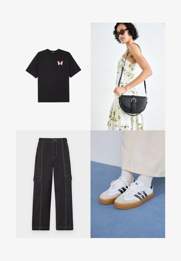 Must muströöpidega must puuvillane T-särk, vasakul rinnal on väike roosa liblikas. Ümar kaelus ja vabalt istuv lõige.; GAP DOUBLE CARGO PULL ON - Püksid - black; Valged tossud mustade triipudega ja beeži nahaga aktsentidega. Omavad tekstuuriga kummist talla ja lamedaid valgeid paelu, kantud heledate sokkidega.; Mustmust mustraha kõverate joontega, eemaldatava rihmaga ja kuldsete detailidega. Kotil on klapp, millel on pandladetail.