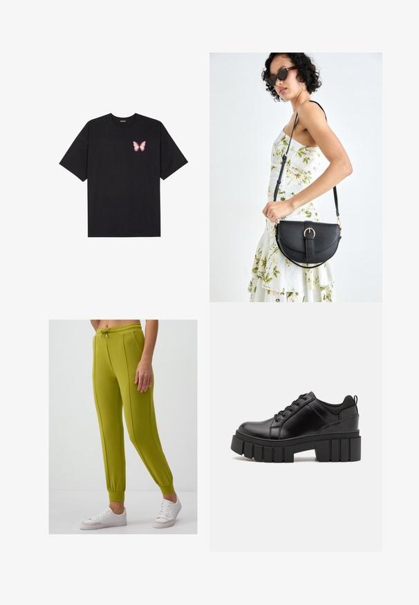 Black cotton t-shirt with short sleeves, featuring a small pink butterfly graphic on the left chest. Crew neck design with a relaxed fit.; Green joggers made of soft fabric with a drawstring waist, tapered cuffs, and two side seams; paired with white sneakers.; Black leather platform shoes with a chunky block heel, round toe, and traditional lace-up design. Features smooth texture and minimal detailing.; Black leather handbag with a curved shape, detachable strap, and gold hardware. The bag features a flap with a buckle detail.