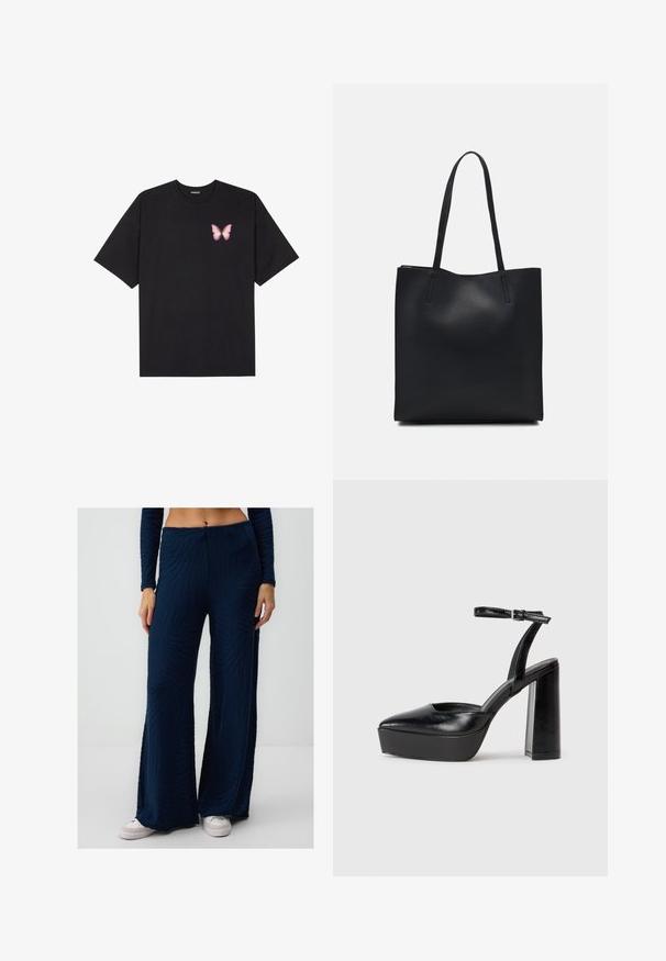 Czarny bawełniany t-shirt z krótkim rękawem, z małym różowym motylkiem na lewej piersi. Klasyczny dekolt z luźnym fasonem.; Granatowe spódnice z szerokimi nogawkami w teksturowanej tkaninie z wzorem w zebra; wysoki stan; noszone z białymi trampkami.; Czarne platformy na wysokim obcasie z szpiczastym noskiem i regulowanym paskiem na kostkę. Wykonane z gładkiej skóry, z grubym słupkowym obcasem.; Czarna skórzana torba tote o gładkiej fakturze, prostokątnym kształcie i dwóch długich uchwytach. Brak widocznych elementów metalowych i ozdób.