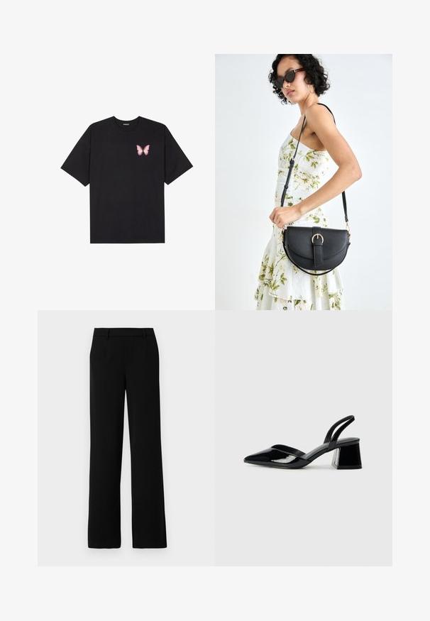 Must muströöpidega must puuvillane T-särk, vasakul rinnal on väike roosa liblikas. Ümar kaelus ja vabalt istuv lõige.; Mustad laiad püksid, mis on valmistatud siledast kangast, millel on lame eesmine osa, kaks küljetaskut ja kohandatud vöökoht, et saavutada rafineeritud välimus.; Mustad musta lakknahk kingad, millel on terav varvas ja geomeetriline plokkkonts. Omab elegantselt minimalistlikku disaini ja sujuvat tekstuuri.; Mustmust mustraha kõverate joontega, eemaldatava rihmaga ja kuldsete detailidega. Kotil on klapp, millel on pandladetail.