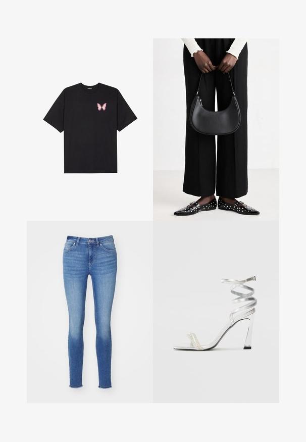 Fekete pamut póló rövid ujjakkal, bal mellkason egy kis rózsaszín pillangó grafikával. Kerek nyakú kialakítás, laza fazonnal.; Közepes kék farmer skinny nadrág, magas derekú fazonnal, öt zsebes dizájnnal, enyhe kopásokkal és foszlott bokákra szerkesztve.; Ezüst színű, magas sarkú szandál, csillogó pánt dizájnnal, gyöngyszerű díszítéssel és spirális bokapánttal a biztos illeszkedés érdekében.; Fekete bőr válltáska lekerekített formával, fényes felülettel és ezüst színű kiegészítőkkel. A személy fekete, bő szárú nadrágot és szegecses mokaszinokat visel.