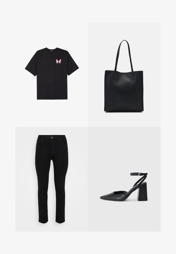 T-shirt de algodão preto com mangas curtas, apresentando um pequeno gráfico de borboleta rosa no lado esquerdo do peito. Design de gola redonda com um corte solto.; Jeans de ganga pretos com um corte slim, design de cinco bolsos, fecho frontal por botão e ligeira elasticidade para conforto. Textura lisa e plana com detalhes mínimos.; Sandal com biqueira afilada em couro preto, com cinta no tornozelo e salto grosso. Textura lisa, design elegante e estética minimalista.; Bolsa tote preta em couro com textura lisa, forma retangular e duas alças longas. Sem hardware ou enfeites visíveis.