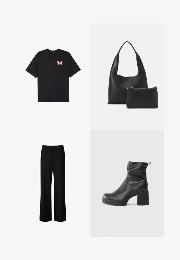 Schwarzes Baumwoll-T-Shirt mit kurzen Ärmeln, das ein kleines pinkes Schmetterlingsmotiv auf der linken Brust zeigt. Crewneck-Design mit einem entspannten Schnitt.; Schwarze weit geschnittene Hosen aus glattem Stoff, mit tailliertem Bund und klaren Falten. Die Säume sind ordentlich umgeschlagen und ohne sichtbare Hardware.; Schwarze Stiefeletten aus glattem Leder mit seitlichem Reißverschluss, klobigem strukturiertem Absatz und runder Zehenform.; Even&Odd SET - Handtasche - black
