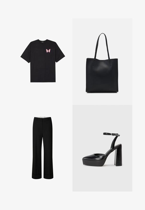 Juodas medvilnės marškinėliai trumpomis rankovėmis, su maža rožine drugelio grafika kairėje krūtinės pusėje. Apvalus kaklo iškirpimas, laisvas kirpimas.; Juoda platėjančio silueto kelnės, pagamintos iš lygaus audinio, su pritaikytu liemeniu ir ryškiais raukšlėmis. Kelnių apačios tvarkingai sulenktos, matomo metalo detalių nėra.; Juodi platforminiai aukšti kulniukai su smailiu kojų pirštu ir reguliuojamu kulkšnies dirželiu. Pagaminti iš lygaus odos, turi masyvų blokinį kulną.; Juodas odinis tote krepšys su lygia tekstūra, stačiakampio formos ir dviem ilgais rankenomis. Matomų metalinių detalių ar puošybos nėra.