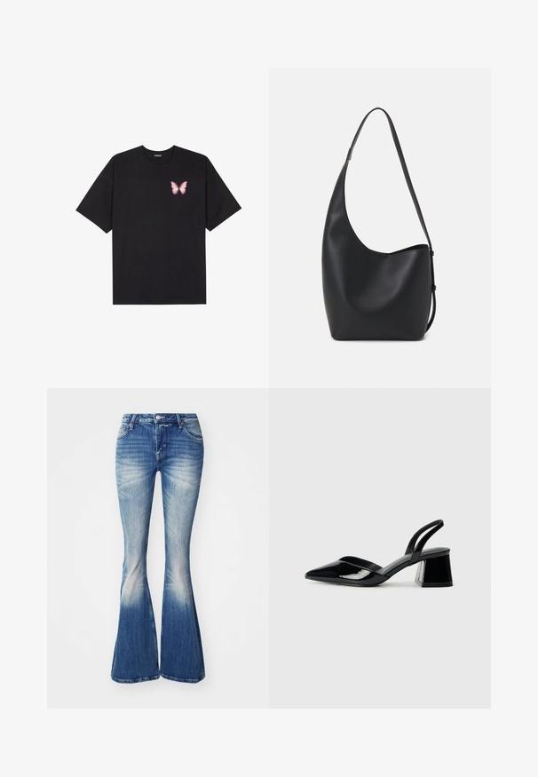 Zwarte katoenen t-shirt met korte mouwen, voorzien van een kleine roze vlinder graphic op de linkerkant van de borst. Crew neck ontwerp met een relaxte fit.; Blauwe flared jeans van denim met een vervaagde wassing. Kenmerken zijn een aansluitende taille, een vijf-pocket ontwerp en een lichte slijtage aan de zoom.; Zwarte gepatineerde leren slingback hakken met een spitse neus en een geometrische blokhak. Kenmerkt zich door een slank, minimalistisch ontwerp en een gladde textuur.; Zwarte leren hobo tas met een gladde textuur, kromme vorm en een enkele verstelbare schouderband; heeft een brede opening aan de bovenkant.