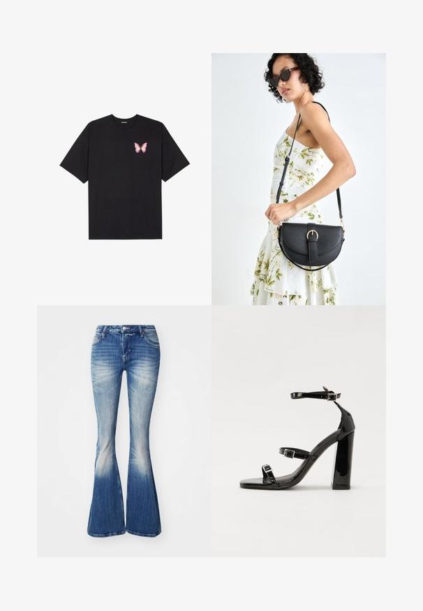 Black cotton t-shirt with short sleeves, featuring a small pink butterfly graphic on the left chest. Crew neck design with a relaxed fit.; Blue flared jeans made of denim with a faded wash. Features include a fitted waist, five-pocket design, and slight distressing at the hems.; Black patent heeled sandals with a square toe, ankle straps, and silver buckles. Features a chunky block heel for stability.; Black leather handbag with a curved shape, detachable strap, and gold hardware. The bag features a flap with a buckle detail.
