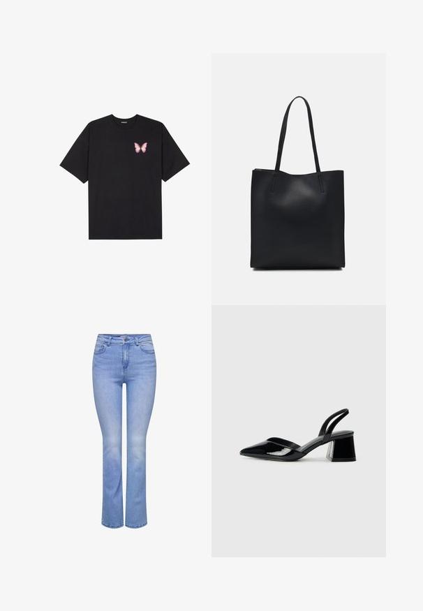 T-shirt de algodão preto com mangas curtas, apresentando um pequeno gráfico de borboleta rosa no lado esquerdo do peito. Design de gola redonda com um corte solto.; Jeans de denim azul claro com uma cintura ajustada e pernas ligeiramente largas. Apresenta cinco pockets, um fecho frontal com botão e um desvanecimento subtil.; Sandy em verniz preto com salto slingback, ponta afilada e salto geométrico. Apresenta um design elegante e minimalista com textura suave.; Bolsa tote preta em couro com textura lisa, forma retangular e duas alças longas. Sem hardware ou enfeites visíveis.