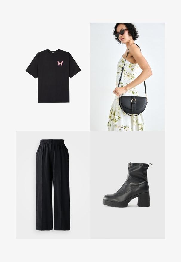 Fekete pamut póló rövid ujjakkal, bal mellkason egy kis rózsaszín pillangó grafikával. Kerek nyakú kialakítás, laza fazonnal.; Fekete, bő szárú nadrág, rugalmas derékkal, puha szövetből készült, sima textúrával és letisztult dizájnvonalakkal.; Fekete bokacsizmák sima bőrből, oldalsó cipzárral, vastag, texturált sarkú és lekerekített orrú dizájnnal.; Fekete bőrtáska ívelt formával, levehető pánttal és arany színű fémrészekkel. A táskán egy csattal díszített fedél található.