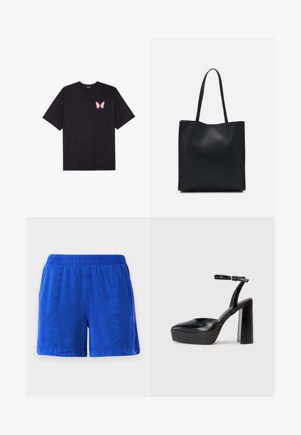 Camiseta de algodón negra de manga corta, con un pequeño gráfico de mariposa rosa en el lado izquierdo del pecho. Diseño de cuello redondo con un corte relajado.; Shorts de algodón azul con una cintura elástica, bolsillos laterales y costuras cosidas, con una textura suave y un diseño casual.; Zapatos de tacón negro con punta afilada y correa ajustable en el tobillo. Confeccionados en cuero suave, presentan un tacón grueso.; Bolso tote de cuero negro con textura lisa, forma rectangular y dos asas largas. Sin herrajes ni adornos visibles.