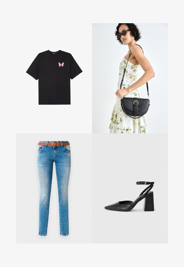 Fekete pamut póló rövid ujjakkal, bal mellkason egy kis rózsaszín pillangó grafikával. Kerek nyakú kialakítás, laza fazonnal.; Világoskék, slim fit farmernadrág, barna övvel, kopott hatásokkal és öt zsebes dizájnal.; Fekete bőr, hegyes orrú magassarkú cipő boka pánttal és vastag sarokkal. Sima textúra, elegáns dizájn és minimális esztétika.; Fekete bőrtáska ívelt formával, levehető pánttal és arany színű fémrészekkel. A táskán egy csattal díszített fedél található.