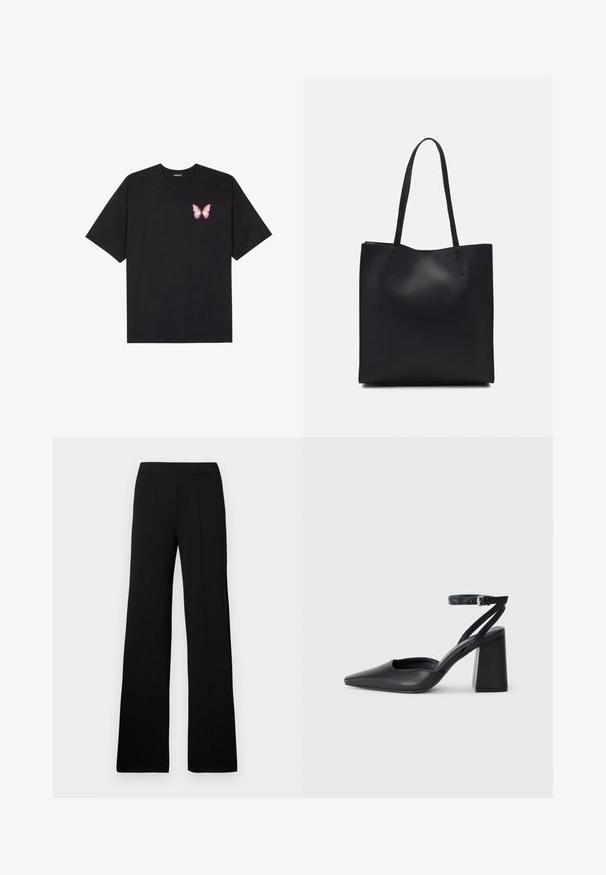 Black cotton t-shirt with short sleeves, featuring a small pink butterfly graphic on the left chest. Crew neck design with a relaxed fit.; Black wide-leg trousers with a smooth, woven texture, featuring a flat waistband and vertical seams for a tailored look.; Black leather pointy-toe pump with an ankle strap and a chunky heel. Flat texture, sleek design, and minimalistic aesthetics.; Black leather tote bag with smooth texture, rectangular shape, and two long handles. No visible hardware or embellishments.