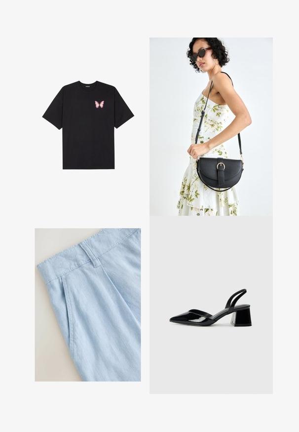 Schwarzes Baumwoll-T-Shirt mit kurzen Ärmeln, das ein kleines pinkes Schmetterlingsmotiv auf der linken Brust zeigt. Crewneck-Design mit einem entspannten Schnitt.; Helle blaue Leinenshorts mit einem gefalteten Design, ausgestattet mit einem Bund und Nähdetails. Sanfte Textur und lässiger Stil.; Schwarze Lackleder-Slingback-High Heels mit spitzem Schuh und einem geometrischen Blockabsatz. Verfügt über ein schlankes, minimalistisches Design und eine glatte Textur.; Schwarze Lederhandtasche mit geschwungener Form, abnehmbarem Tragegurt und goldenen Beschlägen. Die Tasche verfügt über einen Deckel mit einer Schnallen-Details.