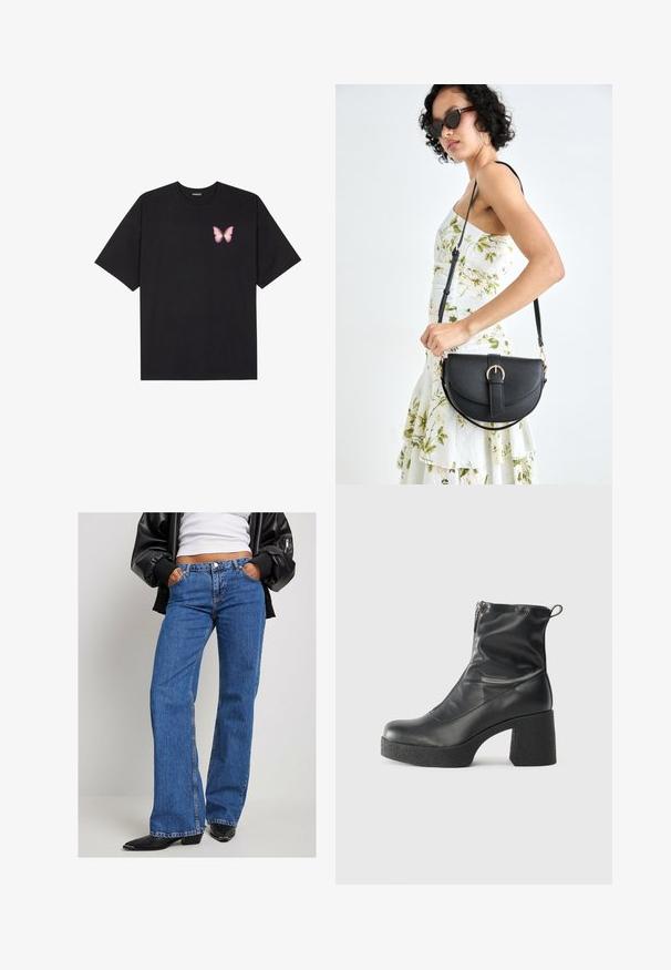 Melna kokvilnas T-krekls ar īsām piedurknēm, kuram priekšā kreisajā pusē ir neliels rozā tauriņa grafiskais attēls. Ar apaļu kaklu un brīvā stila piegriezumu.; Zilas džinsu bikses ar taisnajiem piedurknēm, vidēji izskalotas, piecu kabatu dizains un smalkās šuves. Valkātas ar baltu augšu un melnu jaku.; Melni potītes zābaki, kas izgatavoti no gludas ādas, ar sānu rāvējslēdzēju, masīvu strukturētu papēdi un noapaļotu purngalu.; Melnas ādas rokassoma ar izliekta formu, noņemamu siksnu un zelta aksesuāriem. Somai ir vāciņš ar sprādzes detaļu.