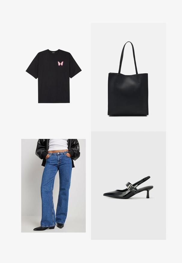 Camiseta de algodón negra de manga corta, con un pequeño gráfico de mariposa rosa en el lado izquierdo del pecho. Diseño de cuello redondo con un corte relajado.; Vaqueros de mezclilla azul con un corte recto, lavado medio, diseño de cinco bolsillos y costuras sutiles. Llevados con una camiseta blanca y una chaqueta negra.; Zapatos de tacón en charol negro con tira al tobillo, punta afilada y un pequeño tacón bloque, que cuentan con un acento de hebilla plateada en la correa.; Bolso tote de cuero negro con textura lisa, forma rectangular y dos asas largas. Sin herrajes ni adornos visibles.