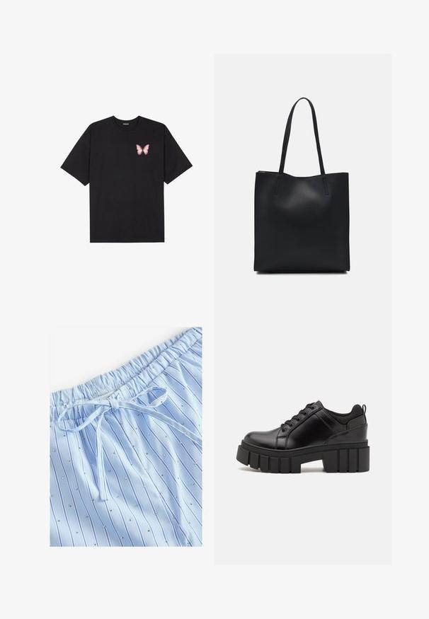 Must muströöpidega must puuvillane T-särk, vasakul rinnal on väike roosa liblikas. Ümar kaelus ja vabalt istuv lõige.; Heledad sinised püksikud vertikaalsete triipudega ja väikeste peegeldavate naeltega. Elastne vöökoht koos reguleeritava paelaga.; Must musta platvormsussid paksu plokkninal, ümmarguse varbaga ja traditsioonilise nööridega kinnitamisega. Sussid on sileda tekstuuriga ja minimaalsete detailidega.; Mustast nahast kott sujuva tekstuuriga, ristkülikukujuline ja kahe pika sangaga. Pole nähtavat riistvara ega kaunistusi.