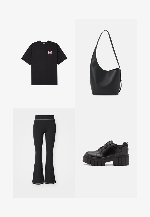 Fekete pamut póló rövid ujjakkal, bal mellkason egy kis rózsaszín pillangó grafikával. Kerek nyakú kialakítás, laza fazonnal.; Fekete bordás, harangszoknyás leggings, texturált felszínnel, lapos derékkal és fehér varrással a széleken.; Fekete bőr platform cipők vaskos blokk sarkakkal, kerek orral és hagyományos fűzős kialakítással. Simára csiszolt felület és minimális részletezés jellemzi.; Fekete bőr hobo táska sima textúrával, ívelt formával és egyetlen állítható pánttal; széles nyílás található a tetején.