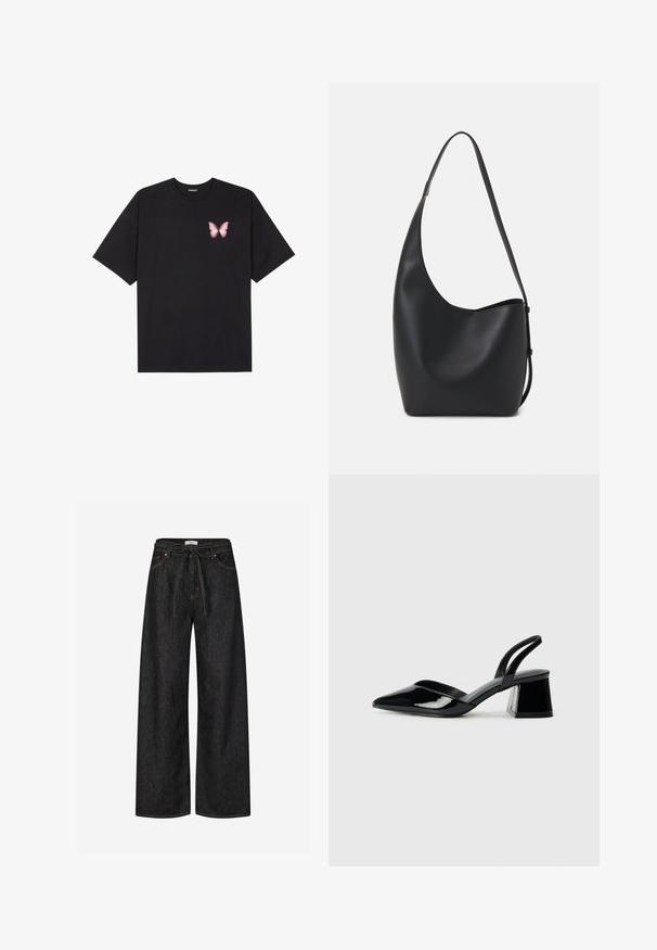 Črna bombažna majica s kratkimi rokavi, ki ima majhen roza metuljček na levi strani prsnega dela. Majica s krožnim ovratnikom in sproščenim krojem.; Temno modre široke hlače iz jeansa z visokim pasom, opaženim pasom in kontrastnim oranžnim šivom. Izstopa klasični dizajn s petimi žepi.; Črne lakirane slingback pete s koničastim nosom in geometrijsko blokasto peto. Imajo eleganten, minimalističen dizajn in gladko teksturo.; Črna usnjena hobo torba z gladko teksturo, ukrivljeno obliko in eno nastavljivo naramnico; ima širok odprtina na vrhu.