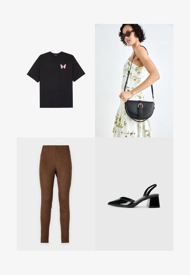 Tricou negru din bumbac cu mâneci scurte, având pe partea stângă a pieptului un mic grafic cu un fluture roz. Design cu guler rotund și croială lejeră.; Leggings de culoare maro, realizate dintr-un material moale, asemănător cu suede-ul; design ajustat, textură netedă și talie elastică pentru confort.; Pantofi cu toc slingback din piele lacuită neagră, cu vârf ascuțit și toc geometric. Prezintă un design elegant, minimalist și o textură netedă.; Geantă din piele neagră, cu o formă curbată, curea detașabilă și accesorii aurii. Geanta are un capac cu un detaliu tip cataramă.