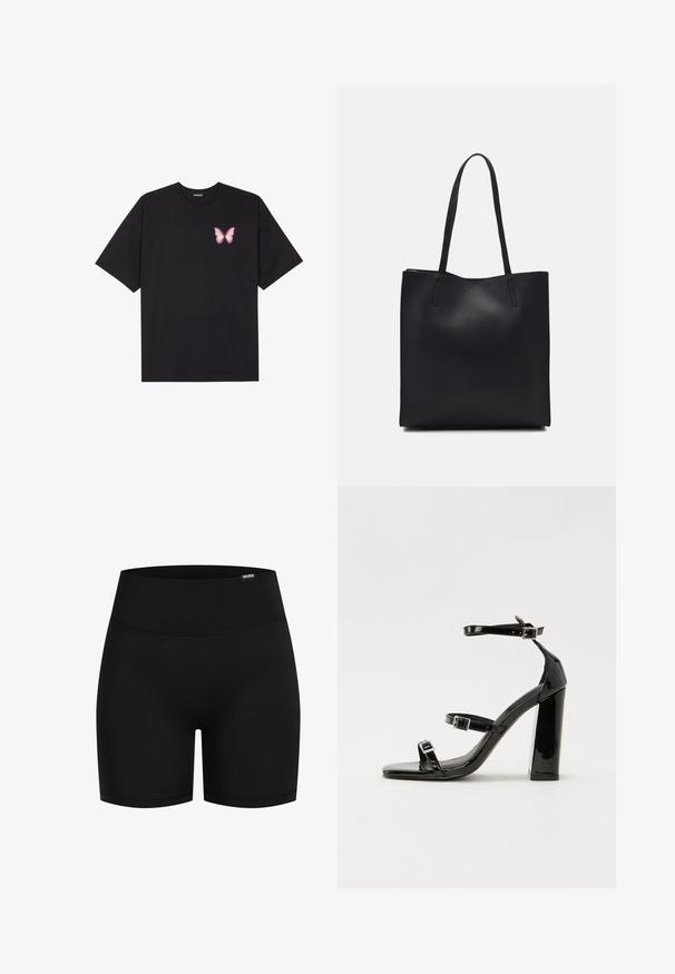 Schwarzes Baumwoll-T-Shirt mit kurzen Ärmeln, das ein kleines pinkes Schmetterlingsmotiv auf der linken Brust zeigt. Crewneck-Design mit einem entspannten Schnitt.; Schwarze Sportshorts aus glattem, elastischem Stoff; hoher Bund; keine sichtbaren Muster oder Hardware; knielange Passform.; Schwarze patentierte Sandalen mit Absatz, quadratischer Spitze, Knöchelriemen und silbernen Schnallen. Mit einem stabilen Blockabsatz für mehr Stabilität.; Schwarze Laptoptasche aus Leder mit glatter Textur, rechteckiger Form und zwei langen Griffen. Keine sichtbaren Beschläge oder Verzierungen.