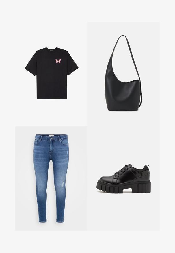 Črna bombažna majica s kratkimi rokavi, ki ima majhen roza metuljček na levi strani prsnega dela. Majica s krožnim ovratnikom in sproščenim krojem.; Svetlo modri skinny jeans z rahlimi gubami, uničenimi detajli, petimi žepi in zadrgo. Gladka tekstura.; Črne usnjene platforme z debelim blokastim petam, okroglo konico in klasičnim vezanjem. Imajo gladko teksturo in minimalne podrobnosti.; Črna usnjena hobo torba z gladko teksturo, ukrivljeno obliko in eno nastavljivo naramnico; ima širok odprtina na vrhu.