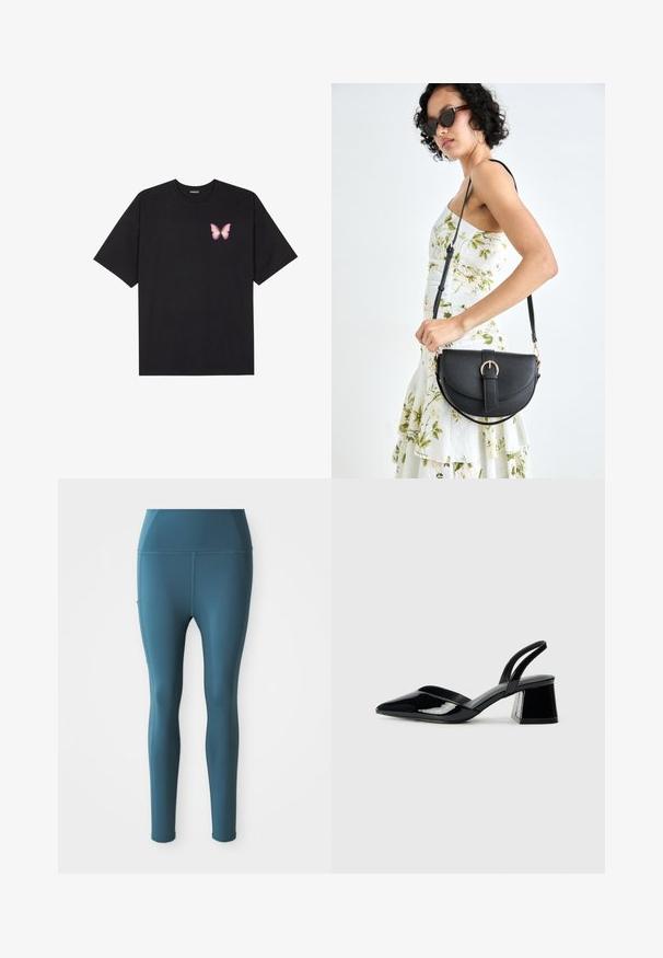 Black cotton t-shirt with short sleeves, featuring a small pink butterfly graphic on the left chest. Crew neck design with a relaxed fit.; Teal stretchy leggings with a smooth texture, high waistband, side pockets, and no visible seams, designed for athletic wear.; Black patent leather slingback heels with a pointed toe and a geometric block heel. Features a sleek, minimal design and smooth texture.; Black leather handbag with a curved shape, detachable strap, and gold hardware. The bag features a flap with a buckle detail.