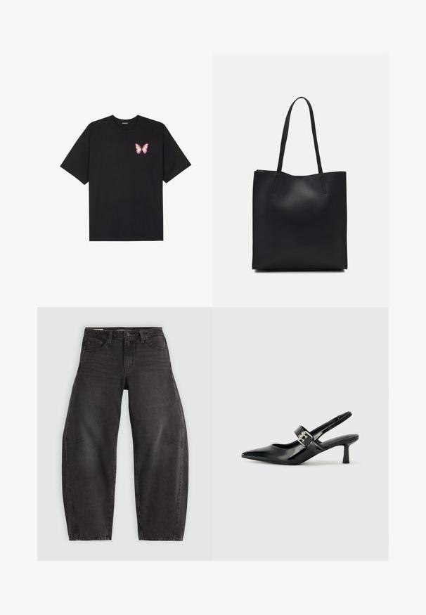 Must muströöpidega must puuvillane T-särk, vasakul rinnal on väike roosa liblikas. Ümar kaelus ja vabalt istuv lõige.; Mustad teksased laia lõikega, viie taskuga, nööbiga kinnitusega ja leige kulumisjäljega. Kanga pind on sile ja tugev.; Mustad patenteeritud nahast sildiga kontsad, millel on terav nina ja väike plokk-konts, mille rihmal on hõbedane pandla aksessuaar.; Mustast nahast kott sujuva tekstuuriga, ristkülikukujuline ja kahe pika sangaga. Pole nähtavat riistvara ega kaunistusi.