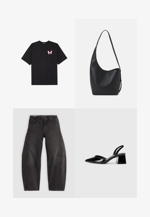 T-shirt de algodão preto com mangas curtas, apresentando um pequeno gráfico de borboleta rosa no lado esquerdo do peito. Design de gola redonda com um corte solto.; Jeans de ganga preta com um corte relaxado, apresentando cinco bolsos, fecho de botão e desbotamento subtil. O tecido tem uma textura suave e resistente.; Sandy em verniz preto com salto slingback, ponta afilada e salto geométrico. Apresenta um design elegante e minimalista com textura suave.; Saco hobo preto em pele com uma textura lisa, forma curva e uma única alça ajustável; apresenta uma abertura larga na parte de cima.