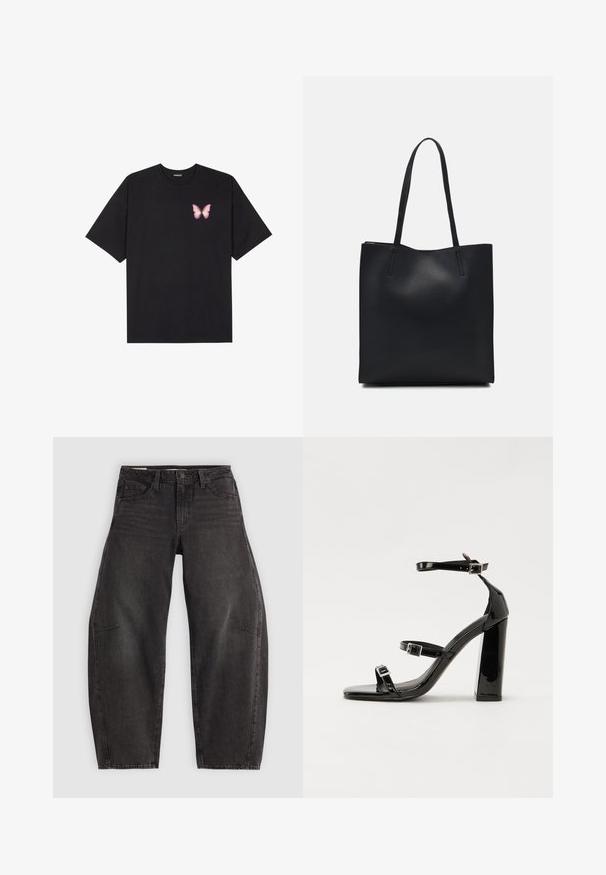 Czarny bawełniany t-shirt z krótkim rękawem, z małym różowym motylkiem na lewej piersi. Klasyczny dekolt z luźnym fasonem.; Czarne dżinsy o luźnym kroju, z pięcioma kieszeniami, z zapięciem na guzik i subtelnym wyblaknięciem. Materiał ma gładką, mocną strukturę.; Czarne lakierowane sandały na obcasie z kwadratowym noskiem, z paskami wokół kostki i srebrnymi klamrami. Posiadają masywny słupek dla stabilności.; Czarna skórzana torba tote o gładkiej fakturze, prostokątnym kształcie i dwóch długich uchwytach. Brak widocznych elementów metalowych i ozdób.