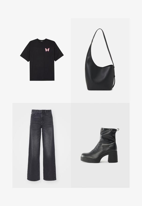 Svart bomullströja med korta ärmar, med en liten rosa fjärilsgrafik på vänster bröst. Rundad halsdesign med en avslappnad passform.; Mörkgrå vida jeans i denim, med hög midja, femficksdesign och subtila slitningar framtill.; Svarta ankelstövlar i slitstark läder, med sidodragkedja, kraftig strukturerad klack och rundad tådesign.; Svart läder hobo-väska med en slät textur, kurvig form och en justerbar axelrem; har en bred öppning upptill.