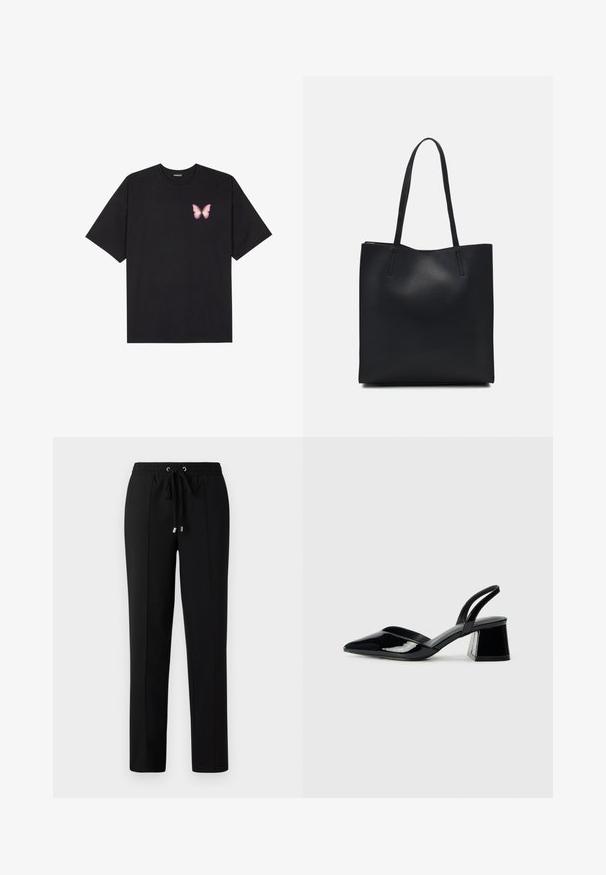Črna bombažna majica s kratkimi rokavi, ki ima majhen roza metuljček na levi strani prsnega dela. Majica s krožnim ovratnikom in sproščenim krojem.; Črne hlače z elastičnim pasom, vrvico in zlatimi dodatki. Tkanina ima gladko teksturo in dizajn ravnih nog.; Črne lakirane slingback pete s koničastim nosom in geometrijsko blokasto peto. Imajo eleganten, minimalističen dizajn in gladko teksturo.; Črna usnjena torba s svilnato teksturo, pravokotne oblike in dvema dolgima ročajema. Brez vidnih metalnih delov ali okrasnih elementov.