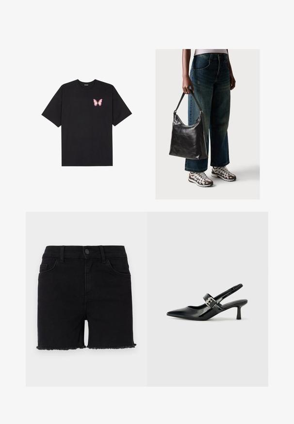 Černé bavlněné tričko s krátkým rukávem, na levém prsou s malou grafikou růžové motýlky. Design s kruhovým výstřihem a volným střihem.; Černé džíny kraťasy s dobře padnoucím pasem, roztrhaným lemem a klasickým pětikapsovým designem. Materiál je hladký s mírným elastickým efektem.; Černé lakované boty na podpatku typu slingback s špičatou špičkou a malým blokovým podpatkem, které mají na pásku stříbrný přezkový akcent.; Černá kožená kabelka přes rameno se hladkým povrchem a nastavitelným popruhem, spárovaná s vybledlými džínami širokého střihu a sportovními teniskami.